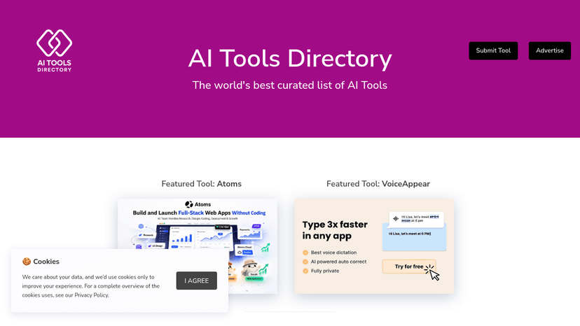 AI Tools Directory (aitoolsdirectory.com) homepage screenshot