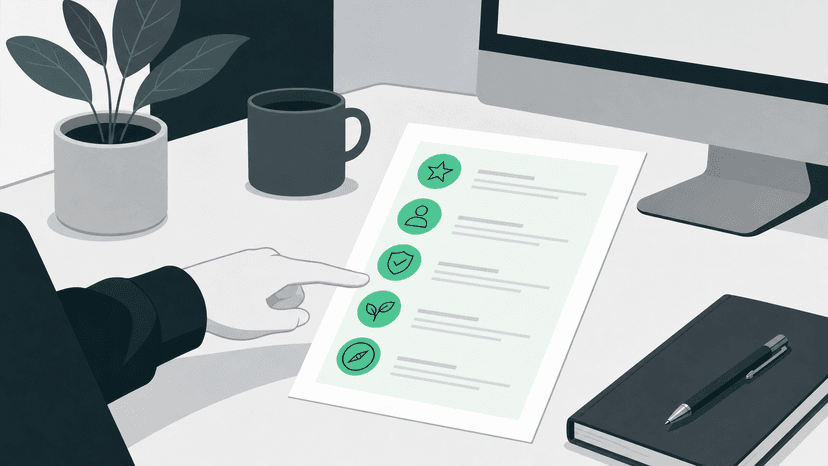 A startup founder reviewing key selection criteria for choosing the right AI tool directories, with notes visible on paper and screen.